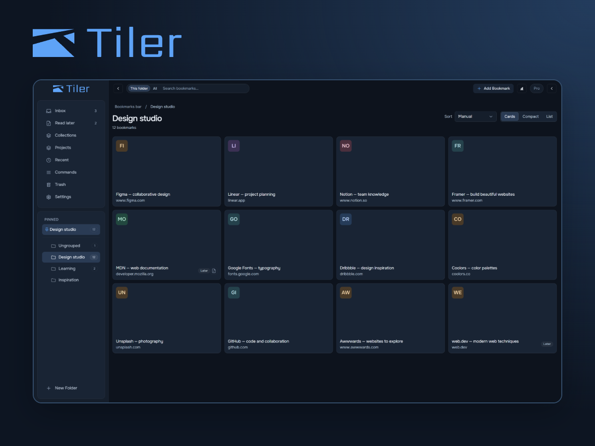 Tiler visual bookmark library with Collections and Projects shortcuts