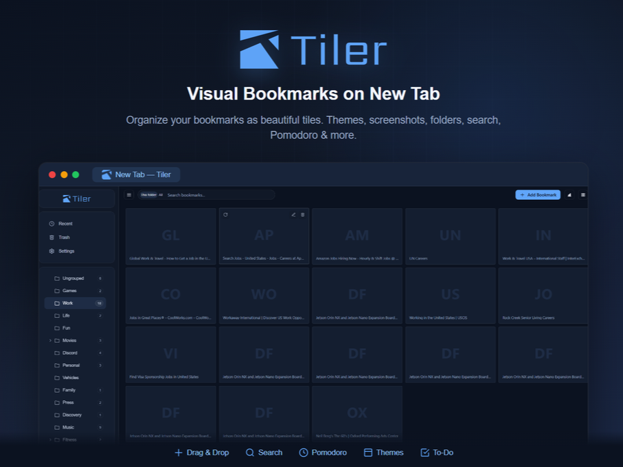 Tiler — browser extension to organize bookmarks into visual tiles for Chrome, Firefox, and Edge