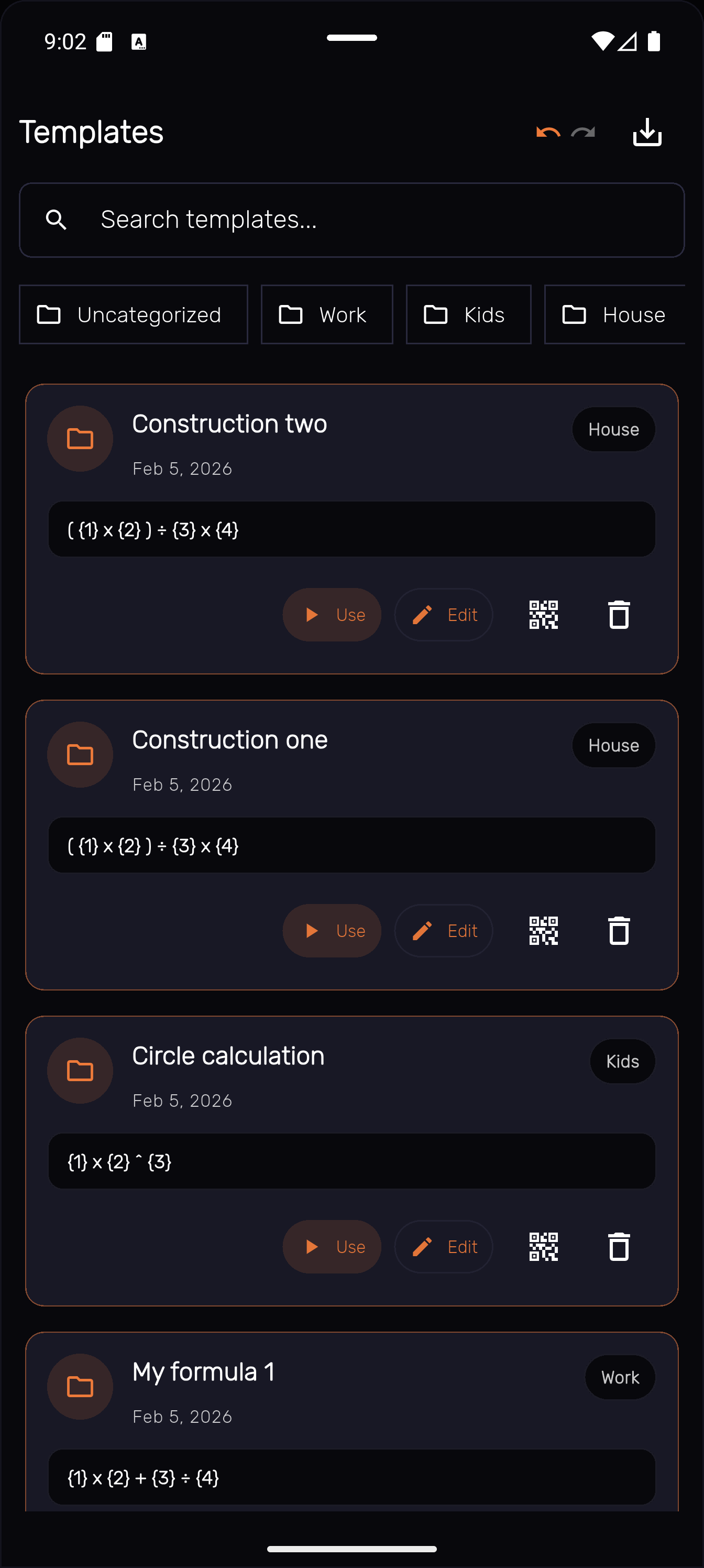 Ryft Calc formula templates — save reusable formulas and share via QR code