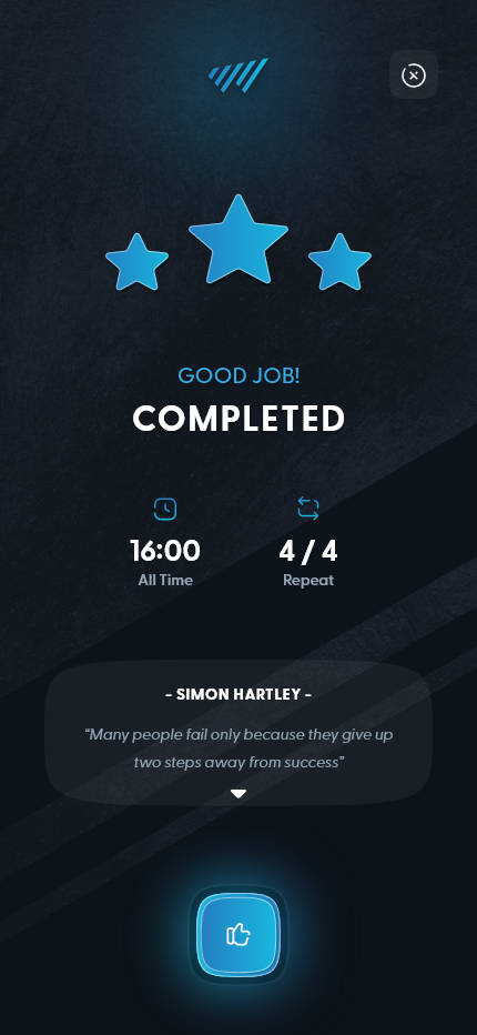 Workout completed screen with stars