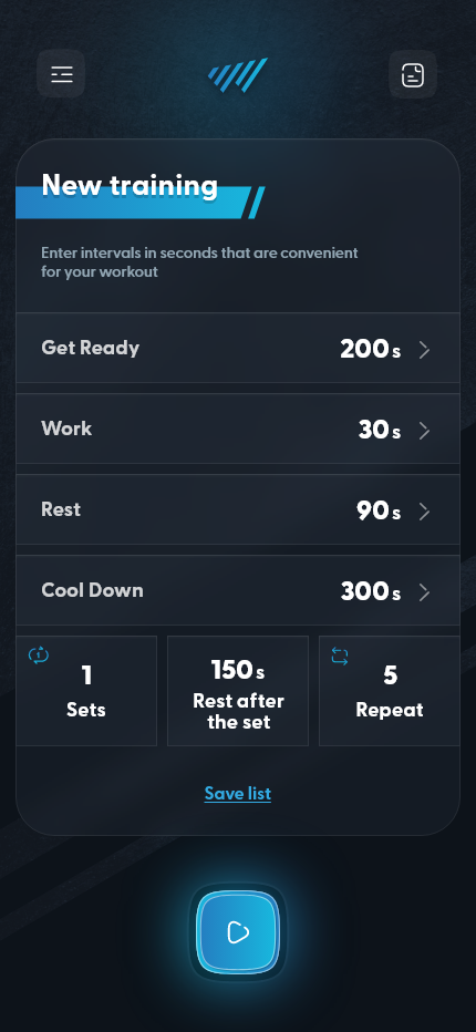New Training configuration screen
