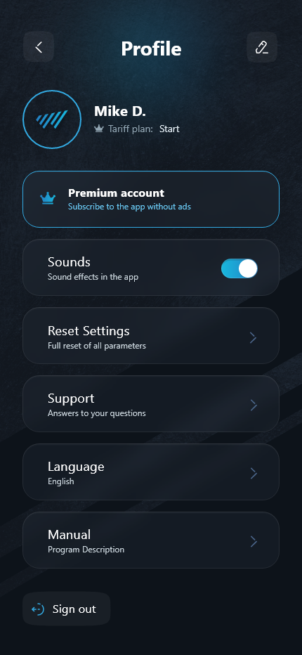 User profile and settings screen